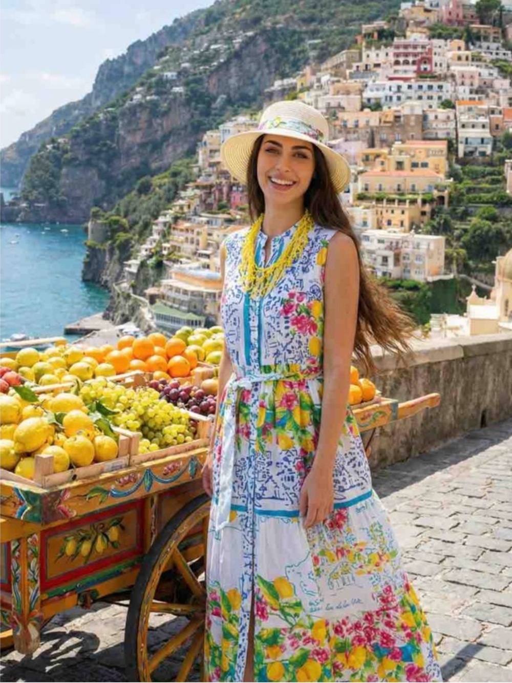 Antica Sartoria Sleeveless Lemon Floral Maxi Dress in Pink Blue flowers NWT L/XL